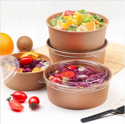 Hokom 1000ml Disposable Round Salad Bowl Kraft Paper Container For Food
